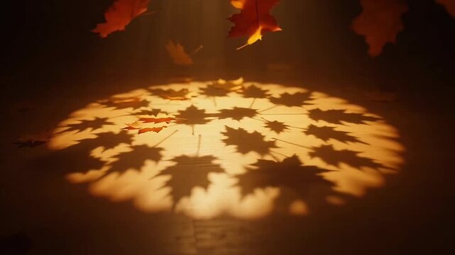 A maple leaf silhouette casts an autumn shadow in warm fall season light, creating a soft glowing effect