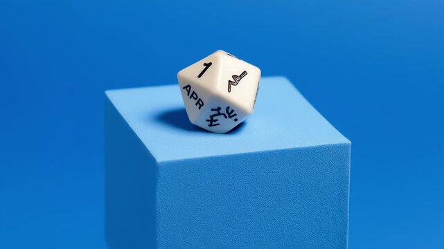 White multi-sided die with black symbols resting on a blue pedestal against a blue background