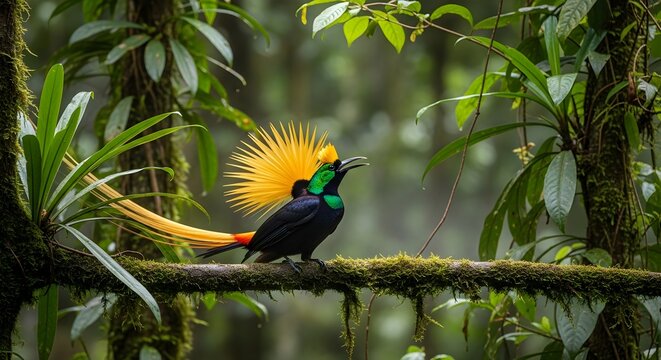 King Bird of Paradise Displaying Vibrant Plumage in Lush Rainforest.