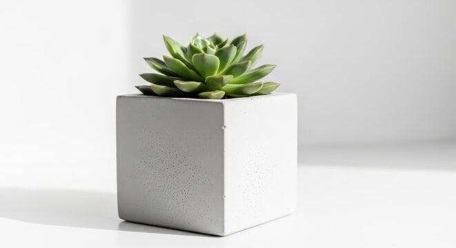 A smooth concrete planter box holding a vibrant succulent plant indoors, showcasing modern home decor aesthetics.