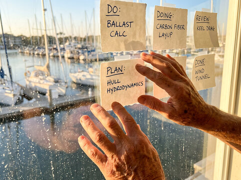 Person's hands strategically placing colorful sticky notes on a windowpane, outlining project tasks and future plans for boat modifications with a beautiful marina view at dawn