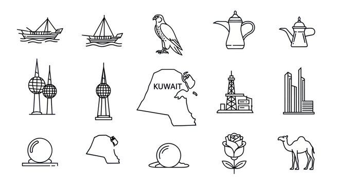 Kuwait Icons: Dhow, Falcon, Towers, Camel, Rose, Dallah, Map