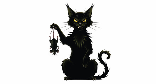 Cat monster character illustration with glowing eyes, open mouth fangs, and a mouse in grasped hands