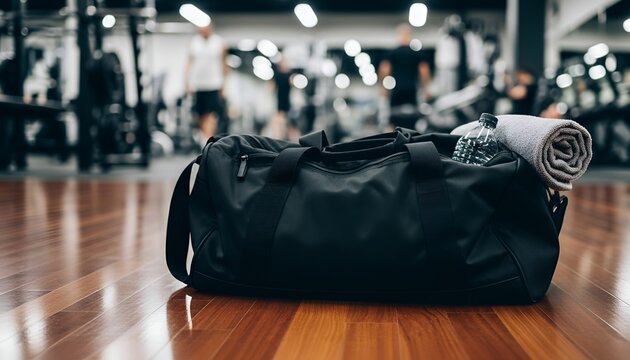 A black gym bag with a towel and water bottle sits on a wooden floor in a busy fitness center.