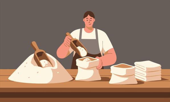 A person filling flour into bags using a scoop