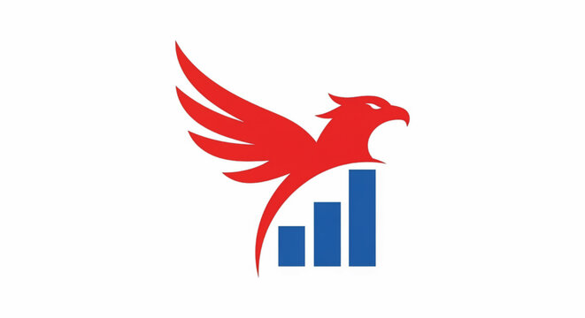 Phoenix bird logo with red wings and blue bar chart arrows symbolizing growth and prosperity featuring business analytics, market trend, upward arrow