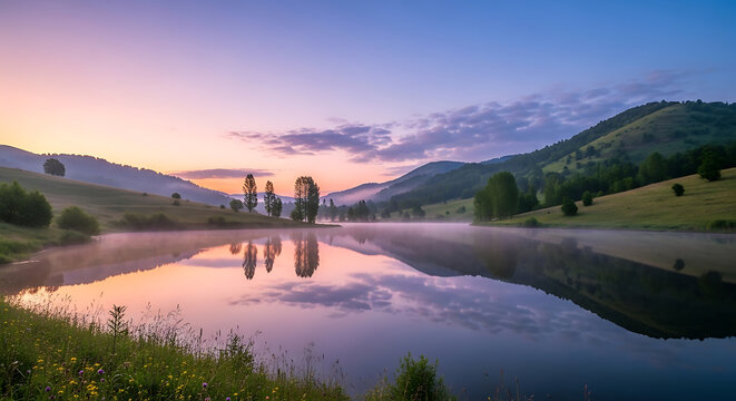 A serene lake surrounded by lush green hills and trees at sunrise