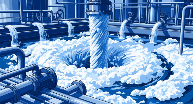 Industrial water treatment facility with water swirling into a vortex from pipes. Blue illustration of complex piping systems and fluid dynamics. Engineering efficiency for utility marketing.