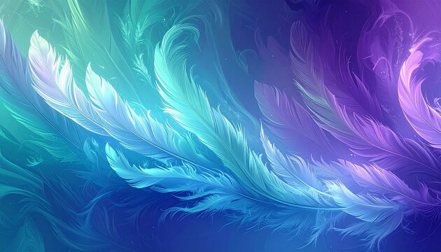 Inspired by the light of the aurora, with flowing feather textures in soft shades of blue, turquoise and purple.