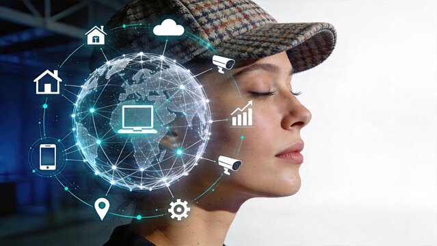 Business woman with closed eyes meditating or thinking while conceptual hologram of digital network smart home cloud computing internet connectivity icons surrounding her head