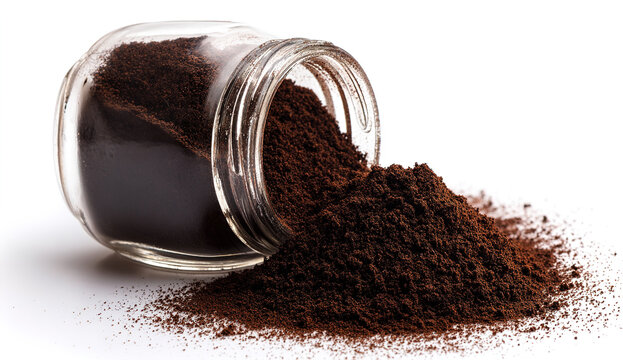 coffee beans with ground powder explosion isolated on white background, dynamic studio shot, clipping path, transparent PNG download, perfect for marketing, product photography, and retail trade