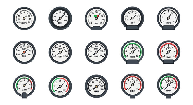 Collection of Industrial Pressure Gauges, Manometers, and Dials - Vector Icons