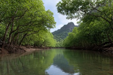 Obraz premium Serene river landscape with mountain background.