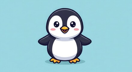 Obraz premium A cute cartoon penguin standing on a light blue background with a happy expression