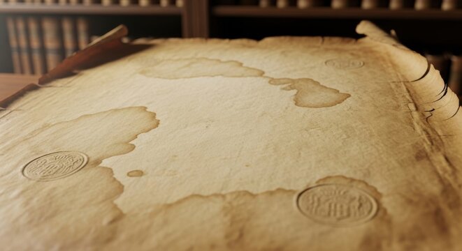 Close-up of aged, stained parchment paper with a faint embossed seal and crease