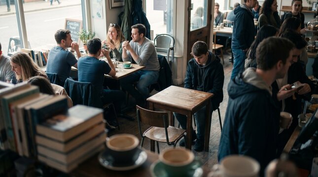 introverted young man sitting alone at small table in crowded busy coffee shop 088