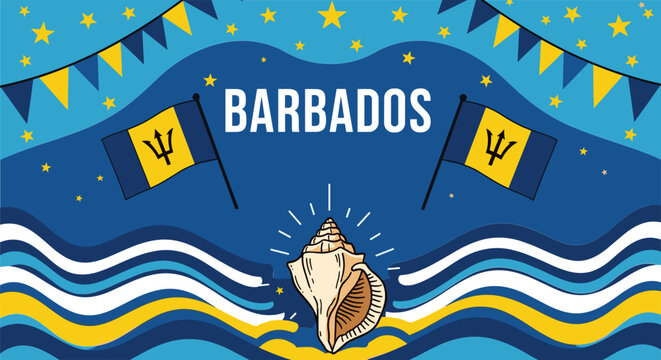 Barbados celebration with flags shell and festive decorations