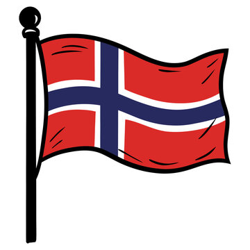 Hand-drawn illustration of the national flag of Norway waving on a pole. Vector graphic representing Scandinavian pride, travel, and patriotism.