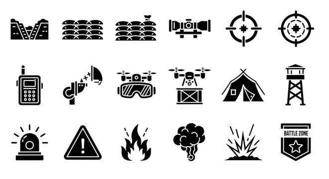Set of black and white military icons depicting war elements, including sandbags, a scope, crosshairs, a radio, a drone, a tent, a tower, a siren, a warning sign, fire, an