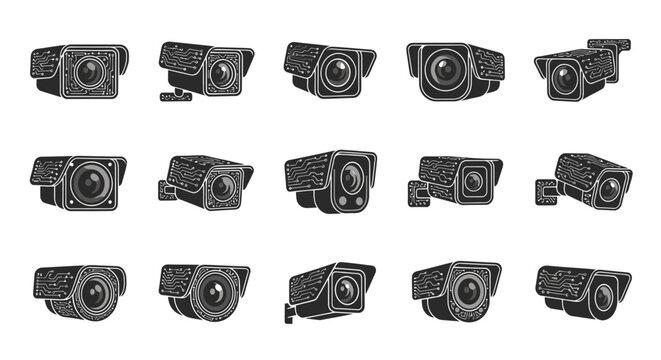 Security Camera Icons Set: Surveillance, CCTV, Monitoring Systems Collection