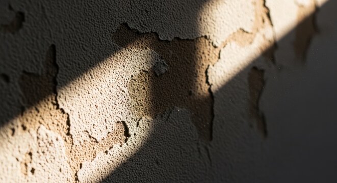 Warm sunbeam slanting across a textured, chipped plaster wall, casting a striking shadow pattern.