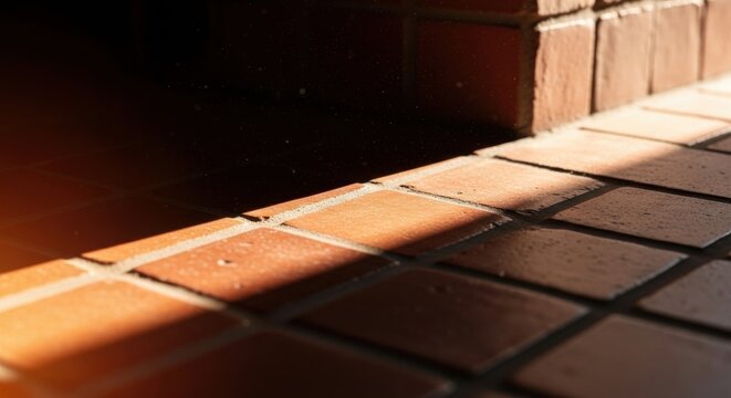 Warm sunlight casts a bold stripe across a textured terracotta tiled surface, creating striking contrast and geometric patterns.