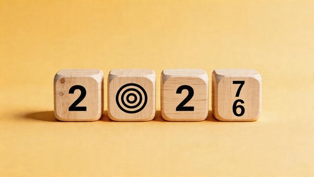 New year concept wooden cubes with numbers and symbols on yellow background changing time planning goals fresh start countdown timer date blocks minimalism business calendar 2027