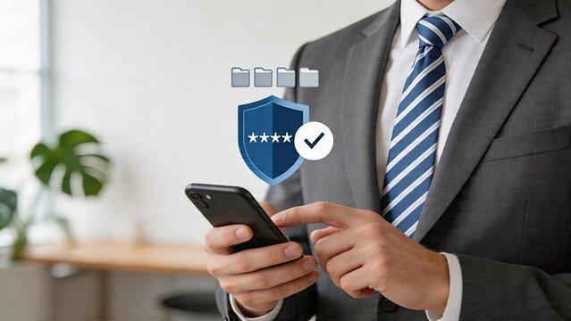Businessman holding smartphone accessing secure cloud data protection online privacy shield with checkmark icon protecting user files and information from hackers or viruses on