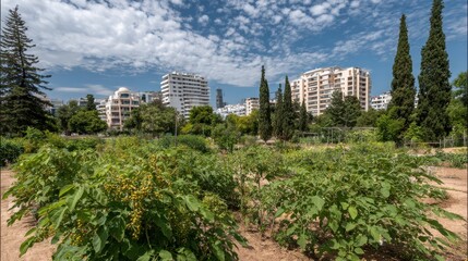 Fototapeta premium Flourishing Community Garden Amidst Urban Buildings