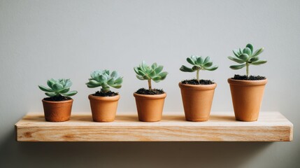 Obraz premium Ascending Row of Miniature Potted Succulent Plants on Wooden Shelf