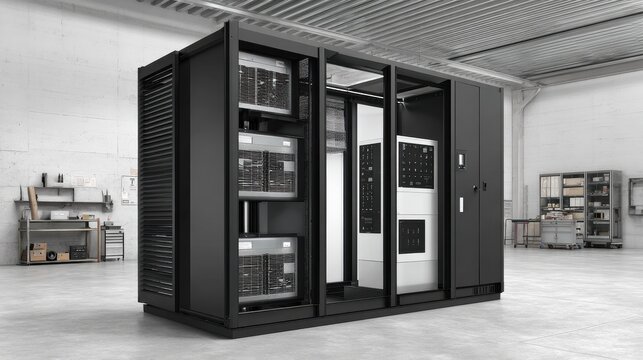 Modern server rack with cooling units and electronic components in a datacenter