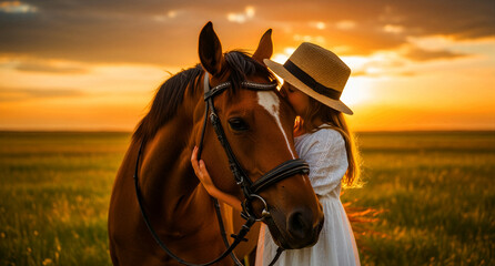 Obraz premium Young girl in straw hat hugging a brown horse during a golden hour sunset. Child bonding with animal friend in a meadow field. Friendship concept for lifestyle and equestrian marketing.