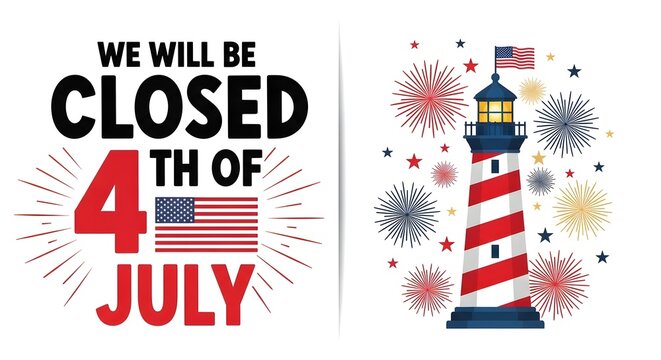 We will be closed 4th of july holiday sign with lighthouse and fireworks illustration isolated on white background