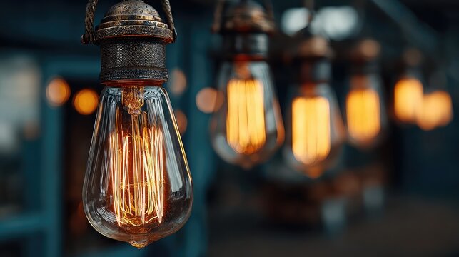 Vintage edison filament light bulbs hanging in a row creating a warm glowing atmosphere with soft bokeh background for cozy interior design and retro decor