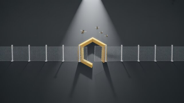 People escape from a fenced prison through a broken yellow gate under a spotlight.