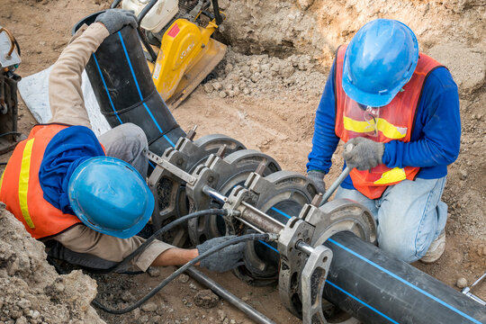 Construction site water supply project at working for welding the connecting of HDPE pipe