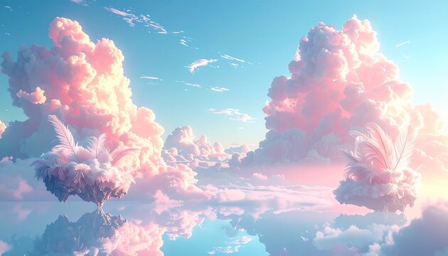 A surreal skyscape with layered feather textures, floating islands, and soft gradients of sky blue and blush pink.
