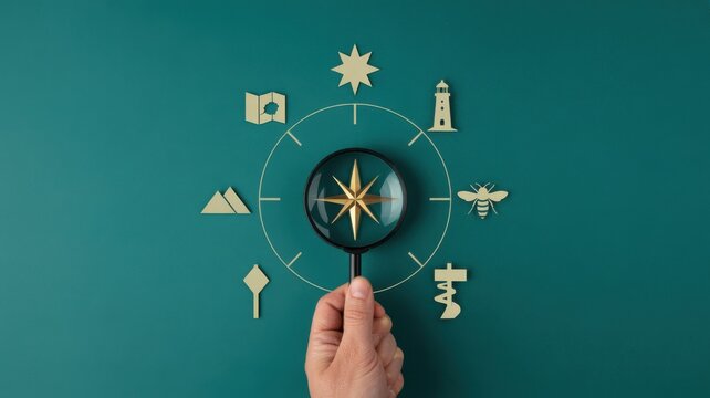 A hand holds a magnifying glass over a star chart surrounded by travel icons on a green background