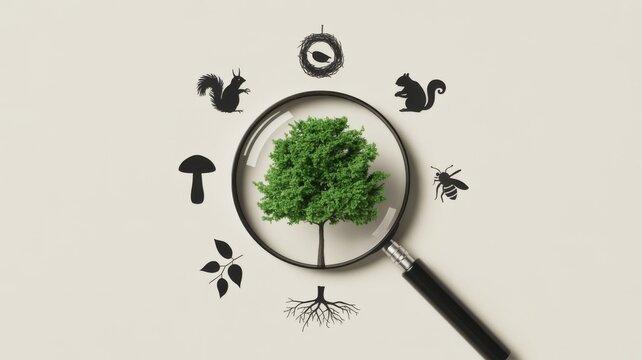 A magnifying glass focuses on a tree surrounded by various forest elements.