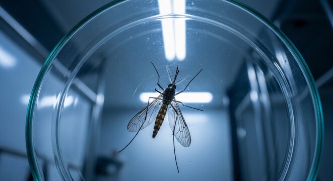 Mosquito trapped in glass container indoors.