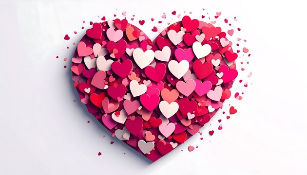 A vibrant heart shape composed of numerous smaller hearts in shades of red and pink against a clean, white background