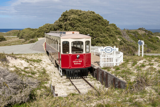 Vintage red train at Oliver Hill Railway station on Rottnest Island, Western Australia, 11 July 2022