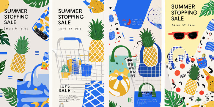 Colorful summer sale banners featuring tropical fruit and shopping items