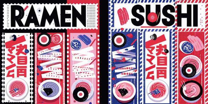 Bold graphic illustration featuring ramen and sushi with japanese text elements