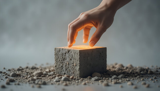 A hand touches a glowing concrete block on the ground with scattered rocks around it