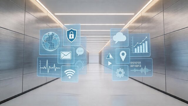 Future digital network concept blue hologram icons floating in metallic corridor with cloud computing security data analytics social media and internet connectivity interface