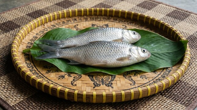 ilish on welcome tray, National fish of Bangladesh Hilsafish ilisha terbuk hilsa herring or hilsa shad Clupeidae family on white background, famous both Bengali's in Kolkata India and Bangladesh.