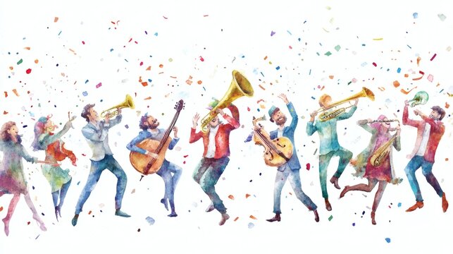 Festive watercolor illustration of a marching band with musicians playing brass instruments and guitar under falling confetti