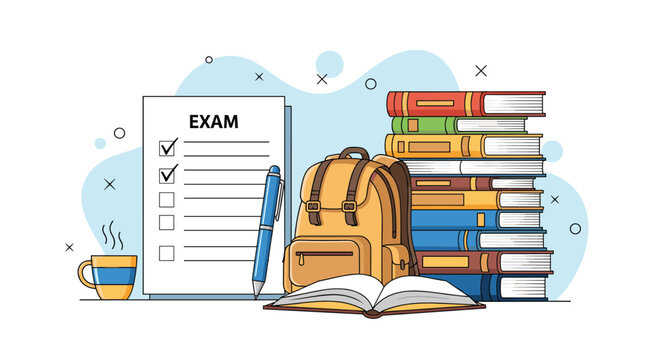 School exam preparation and academic testing concept with a backpack, stacks of books, a cup of coffee, and a graded questionnaire sheet.