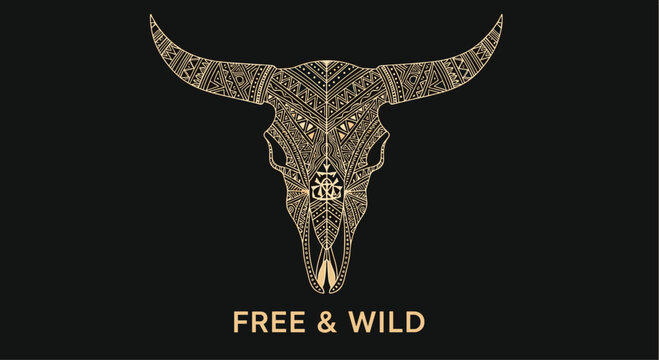 Intricately detailed and patterned tribal bull skull illustration in gold on black background with the message free and wild for modern art.